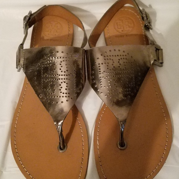Tory Burch Pewter Perforated Metallic Sandals Sz 8 - Picture 2 of 6